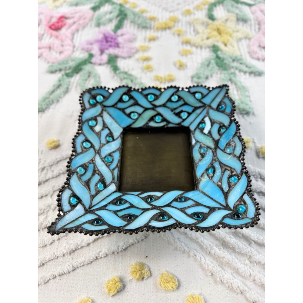 PartyLite Blue Stained Slag Glass Mosaic Candle Holder Square Pedestal Base